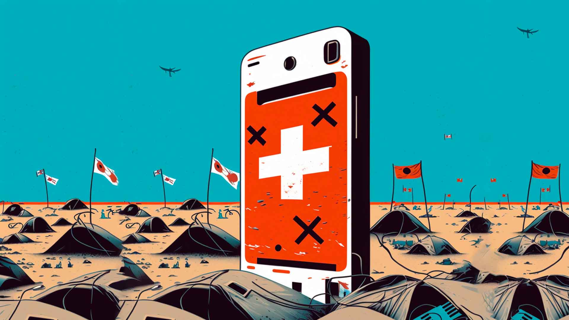 A graphic image shows a giant cellphone in the middle of a desert. There is a big white cross on a red background in its screen. In the horizon are non-descript flags. 