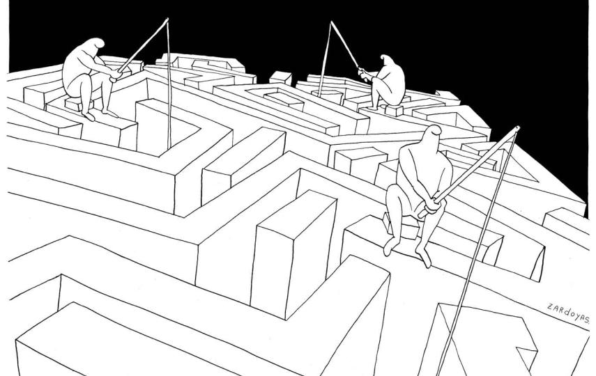 A graphic image. The background is black and in the foreground we see a maze. On top of the edges of the maze are several human-looking drawings holding fishing hooks and attempting to fish from the maze.
