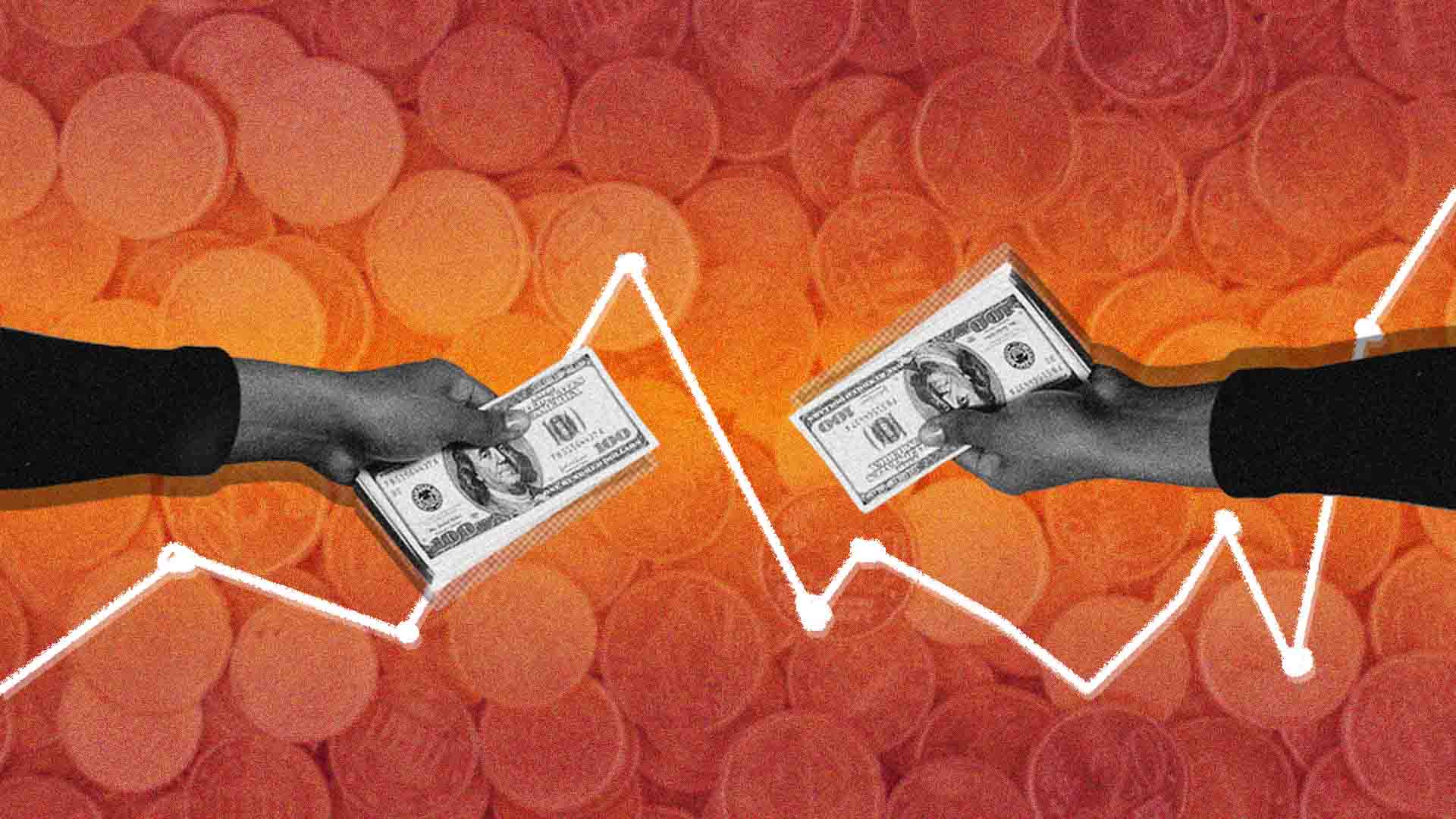 A graphic image made in a collage style. The background is a reflected gradient that goes from orange to burgundy. Overlayed on top of that is an image of Euro coins. There is a line graph with some peaks and some dips. On both sides we see an extended arm. Within the hands are dollar bills.