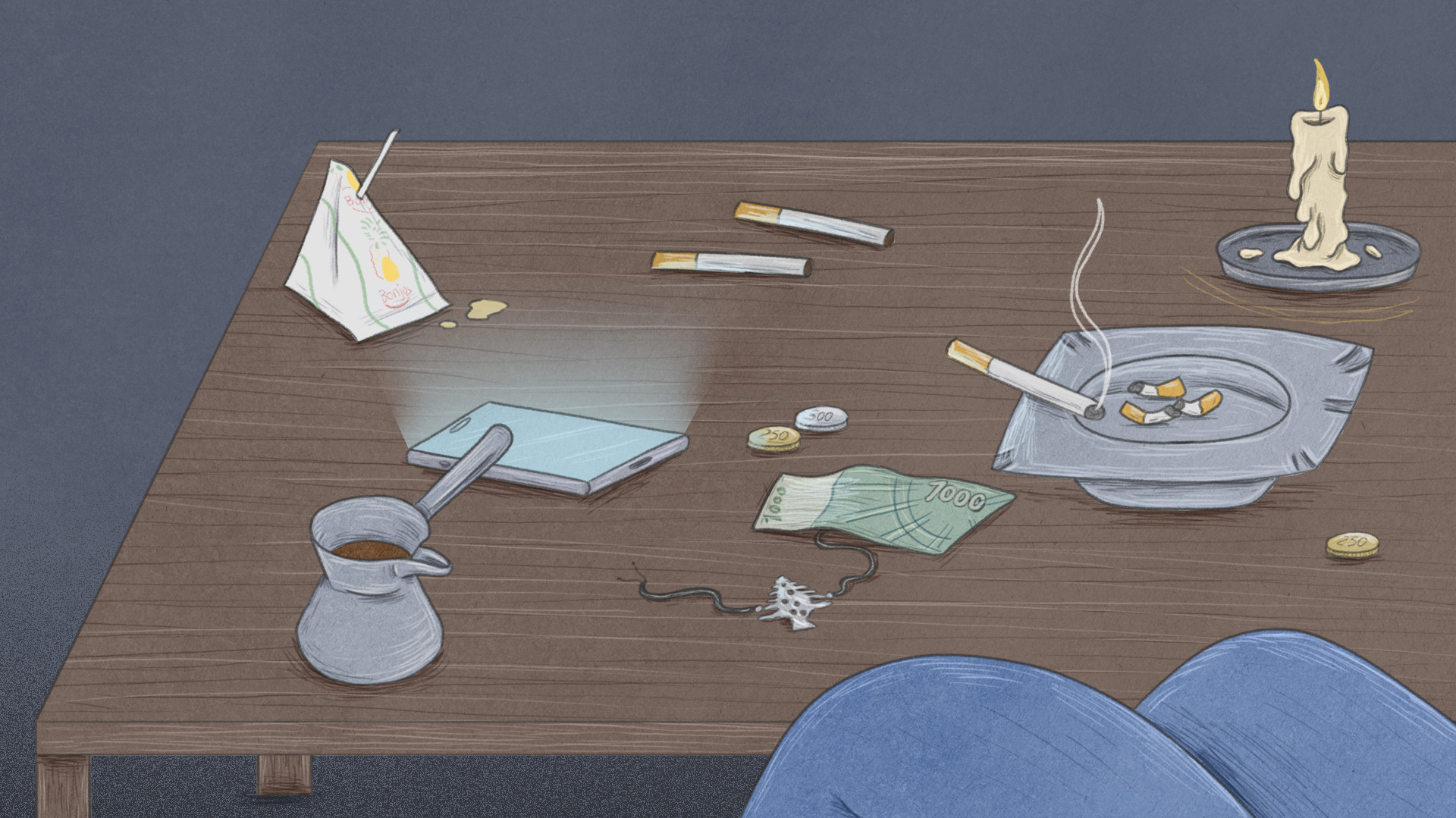 An illustrated scene of a typical table in Beirut, Lebanon with a coffee maker, candle, cigarettes, cedar tree necklace, a 1000 bill, and a phone.