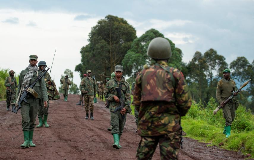 Congolese M23 rebels are pictured withdrawing from Kibumba, near Goma, in North Kivu province, on 23 December 2022.